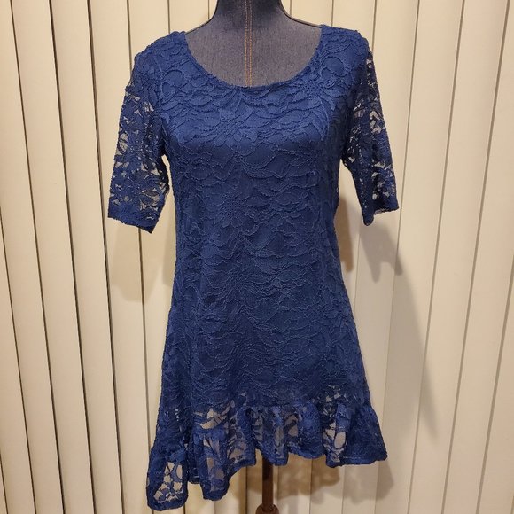 Style & Co. Blue Quarter Sleeve Lace Ruffle Hem Top Women's Medium Petite - Picture 2 of 9